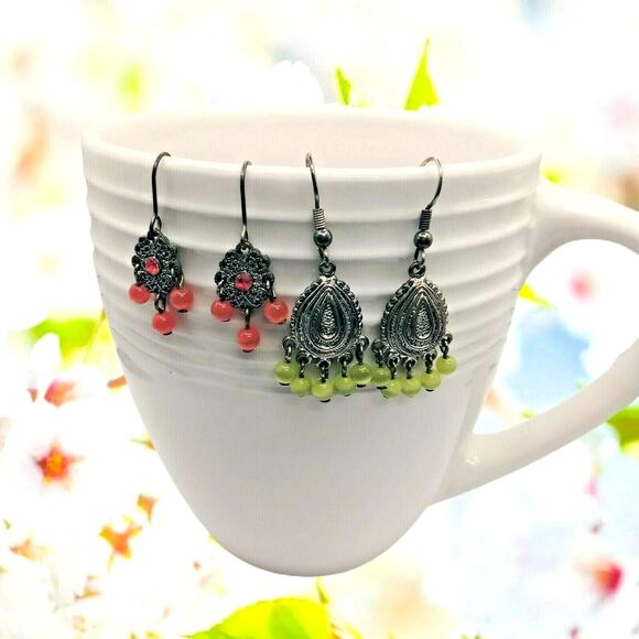 🟠🟢 Ombre Beaded Chandelier Earrings 💚🧡 Retro Spring Dangle 2Pr - Picture 6 of 9